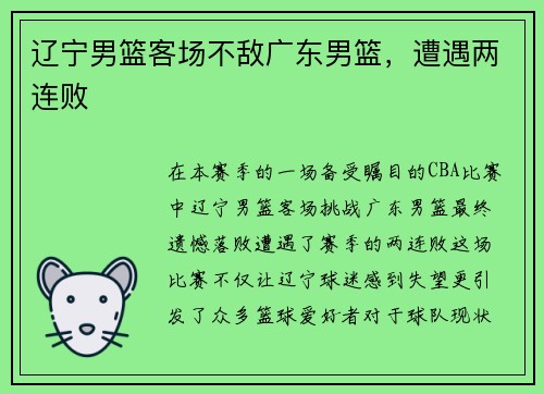 辽宁男篮客场不敌广东男篮，遭遇两连败