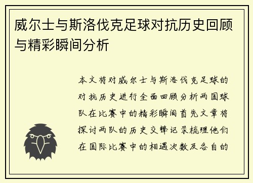 威尔士与斯洛伐克足球对抗历史回顾与精彩瞬间分析